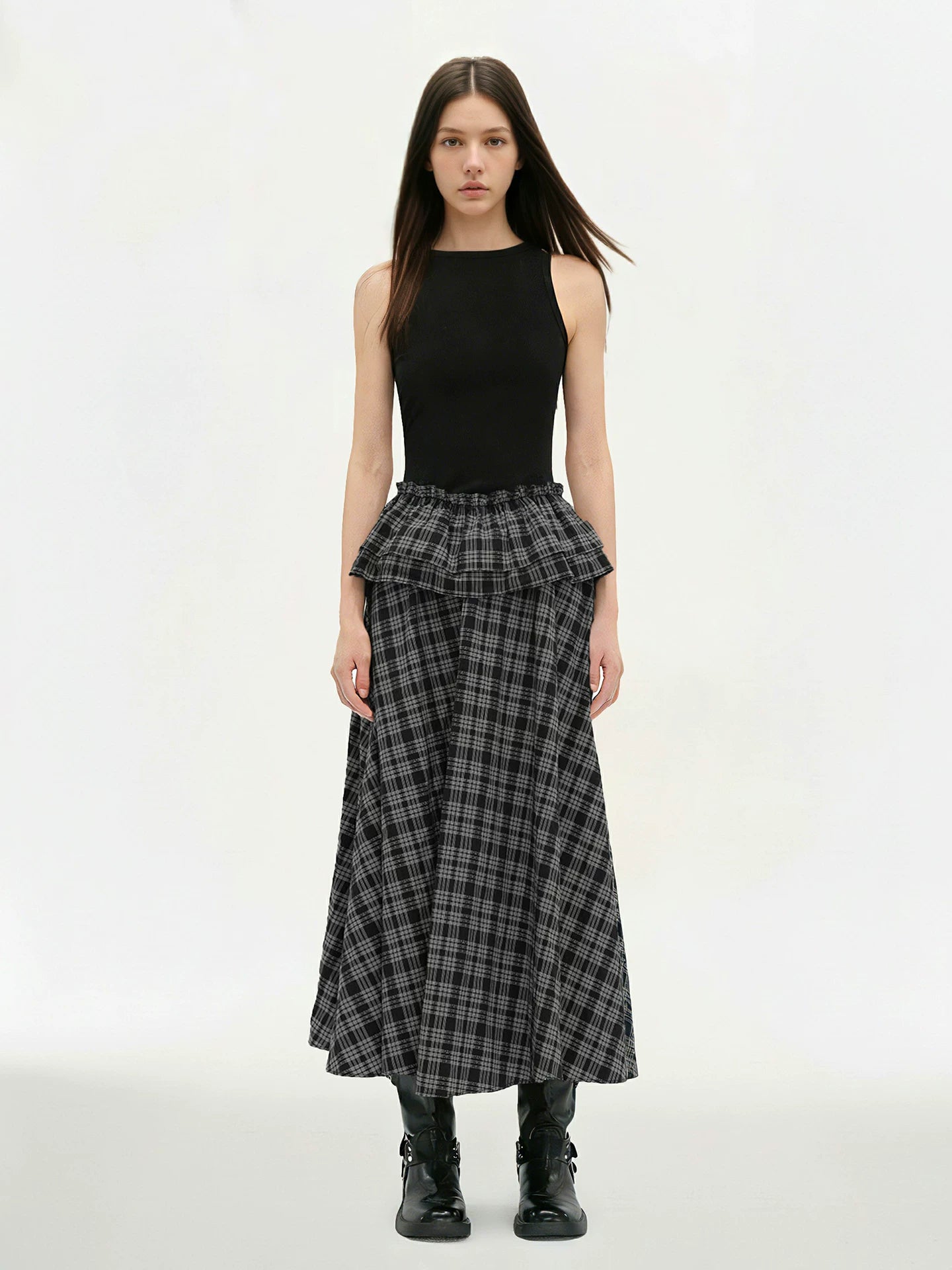 FUNOFF Plaid Stitching Simple Off-the-shoulder Slim-fitting Waist Dress