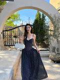 1S Retro Hollow Splicing Kink Polka Dot Suspender Skirt