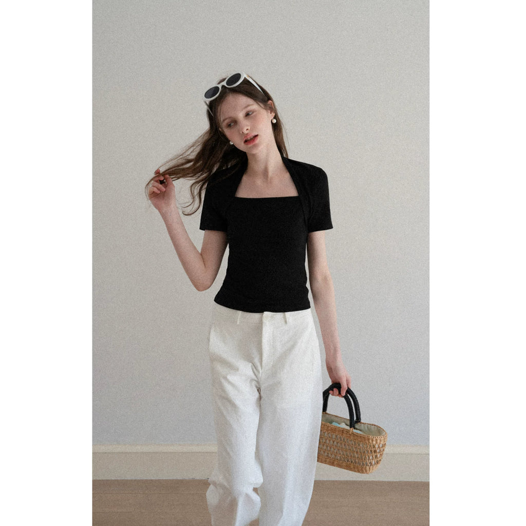 EGGKA Fake Two Pieces Slim Square Collar Slim Tee