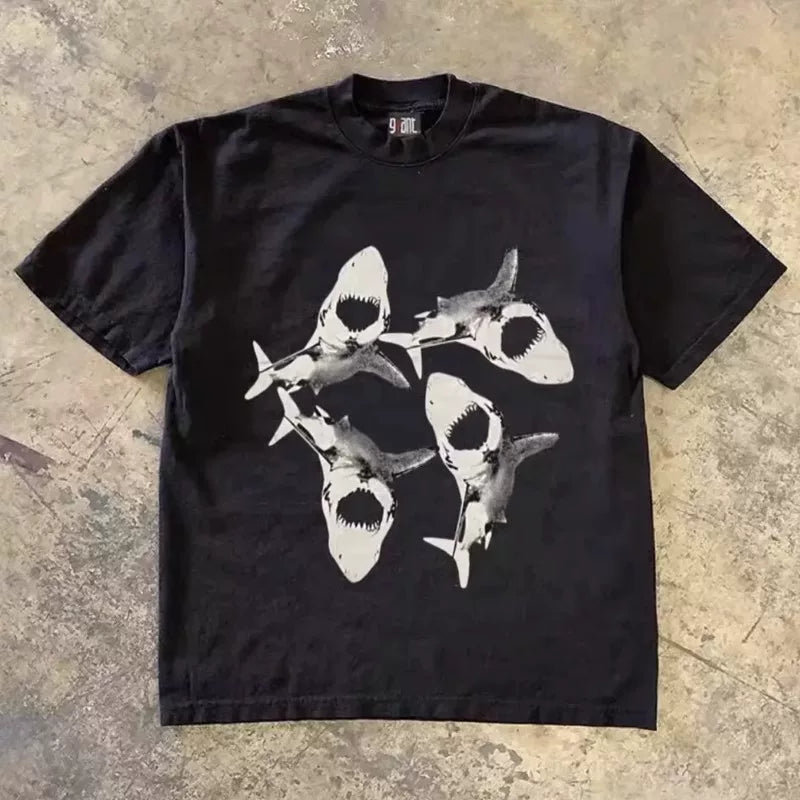 UPUPXIA Shark Print Loose Casual Tee