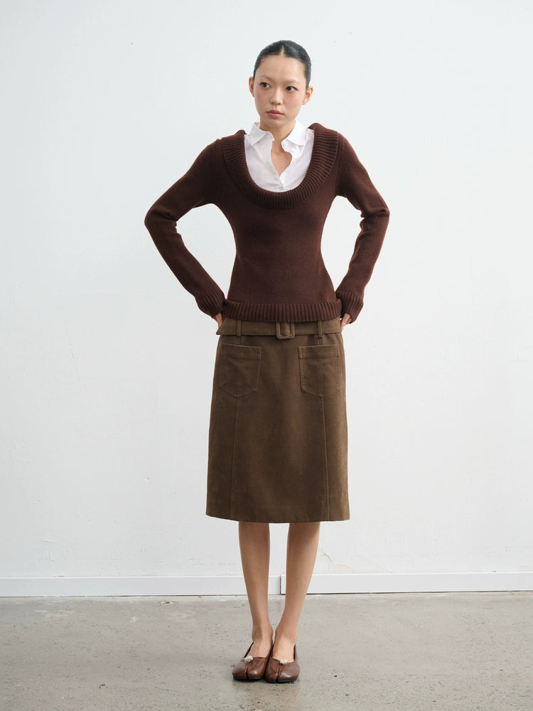 LINY LIBERTY Deep U-neck Fake Two-piece Slim-fit Knitted Sweater