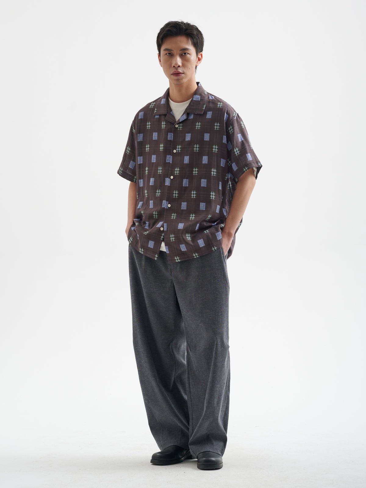 BUTTBILL 25SS Japanese vintage double-layer yarn plaid Cuban collar Short