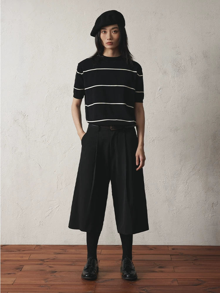 SUPERTOFU Striped Threaded Bottom Straight Shoulder Knitted Tee