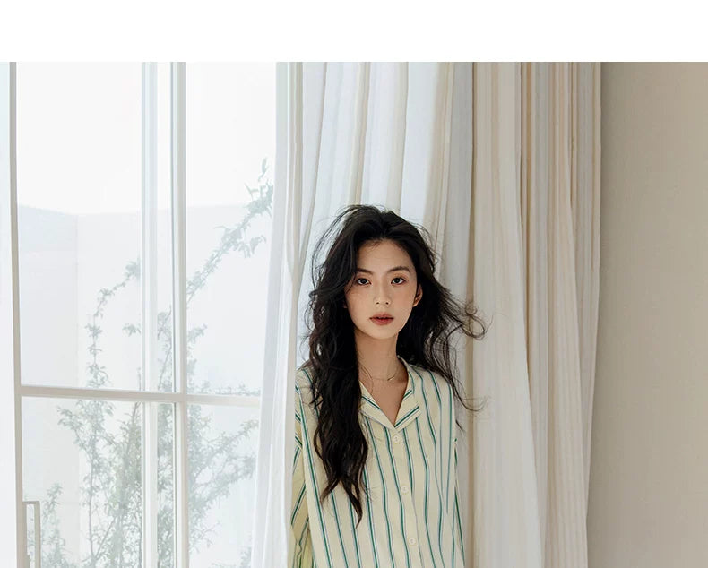 YUENEI Casual Striped Cotton Long Pajamas