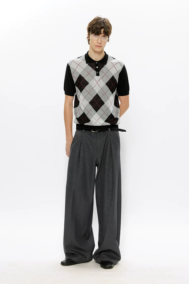 KREATE Wool Thousand Bird Grid Dark Pattern Pleated A-word Trousers