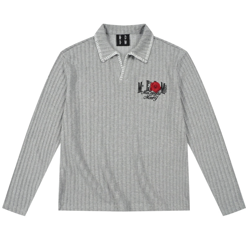 MEDM Hand Stitching Wheat Spike Embroidery Polo Long Sleeve