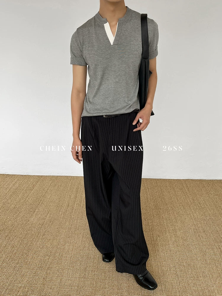 Chein Minimalist Contrasting Color V-neck Knitted Tee
