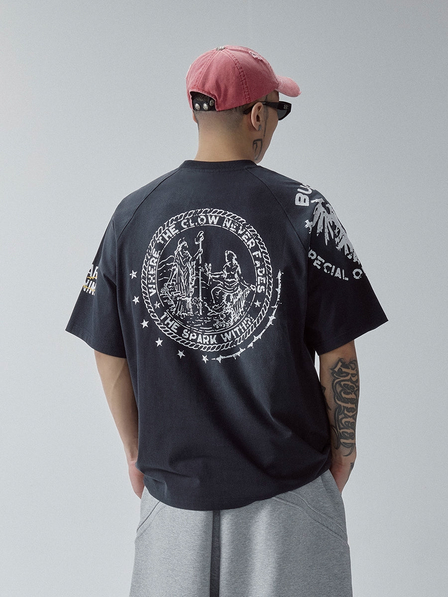 F2CE Gradual Change Retro Shoulder Sleeve Print Tee