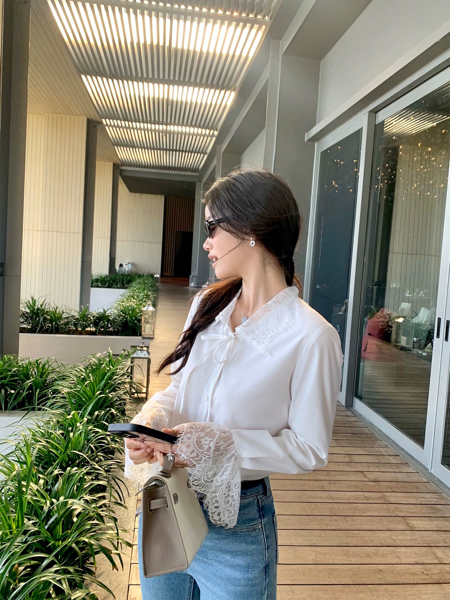 Pusumede Lace Stitching Long Sleeve Shirt