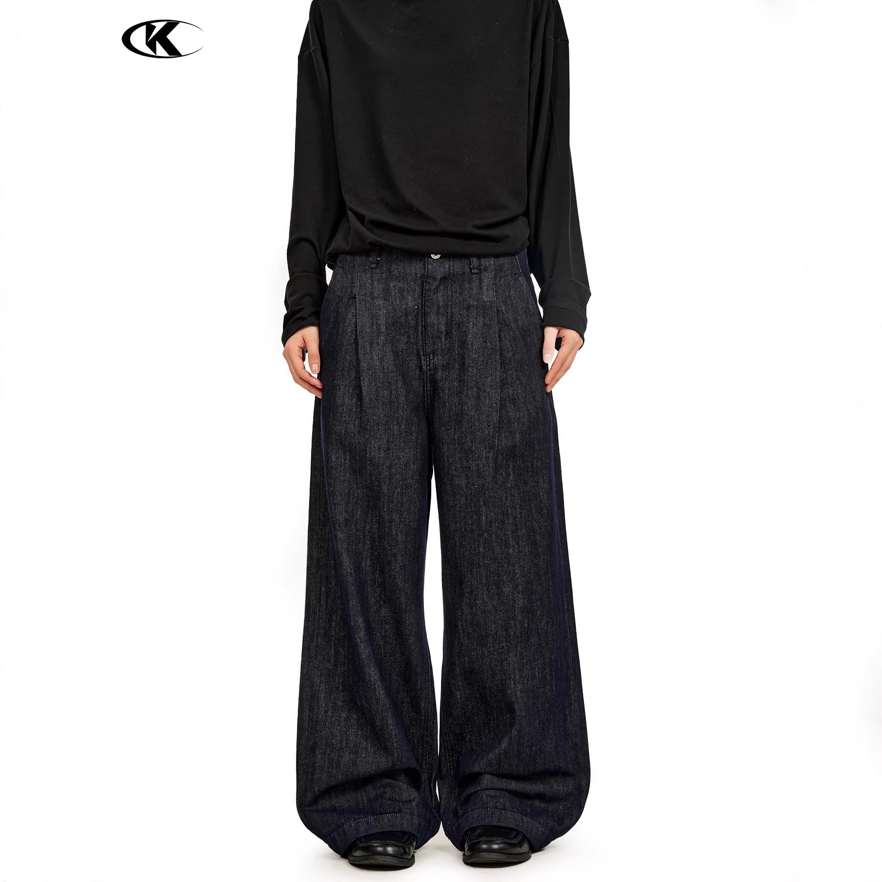 11KN Retro Simple Straight Double Pleated Loose Wide-leg Pants