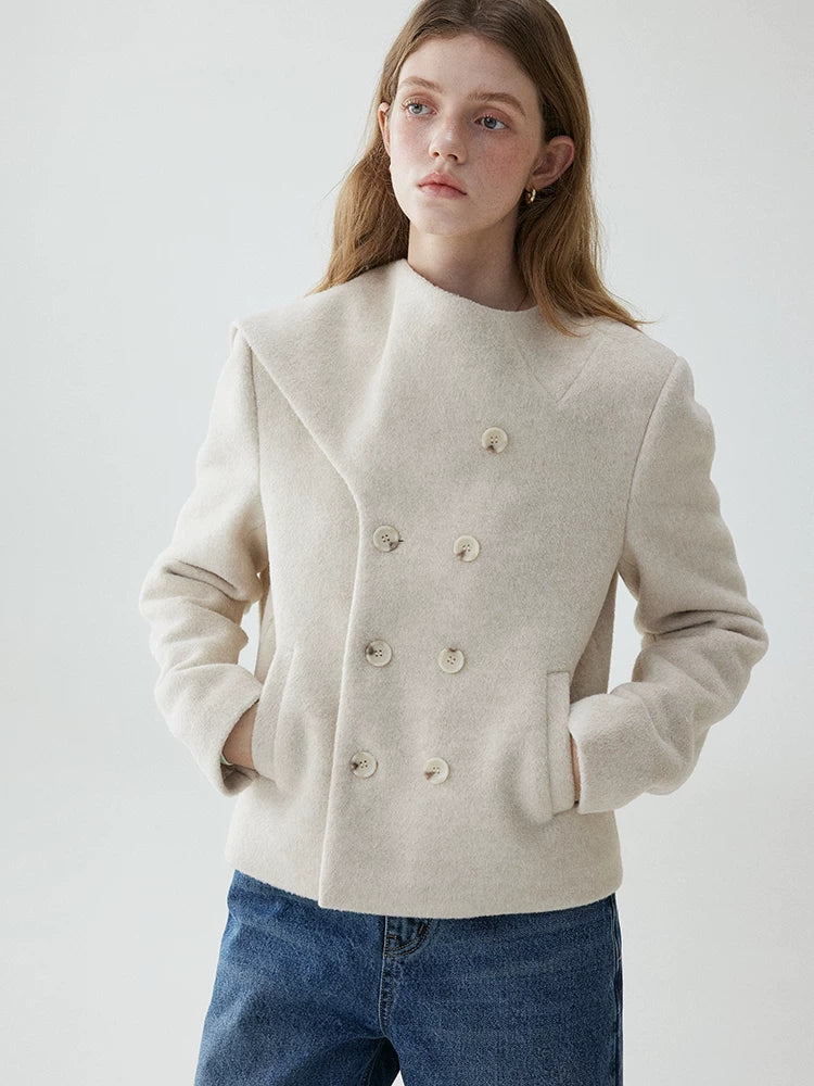 VOOE Scarf Collar Double-breasted Front-shoulder Woolen Jacket