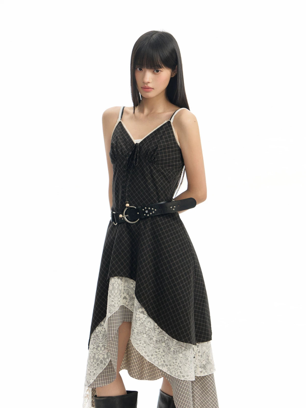 TGNS Checked Lace Stitching Dress