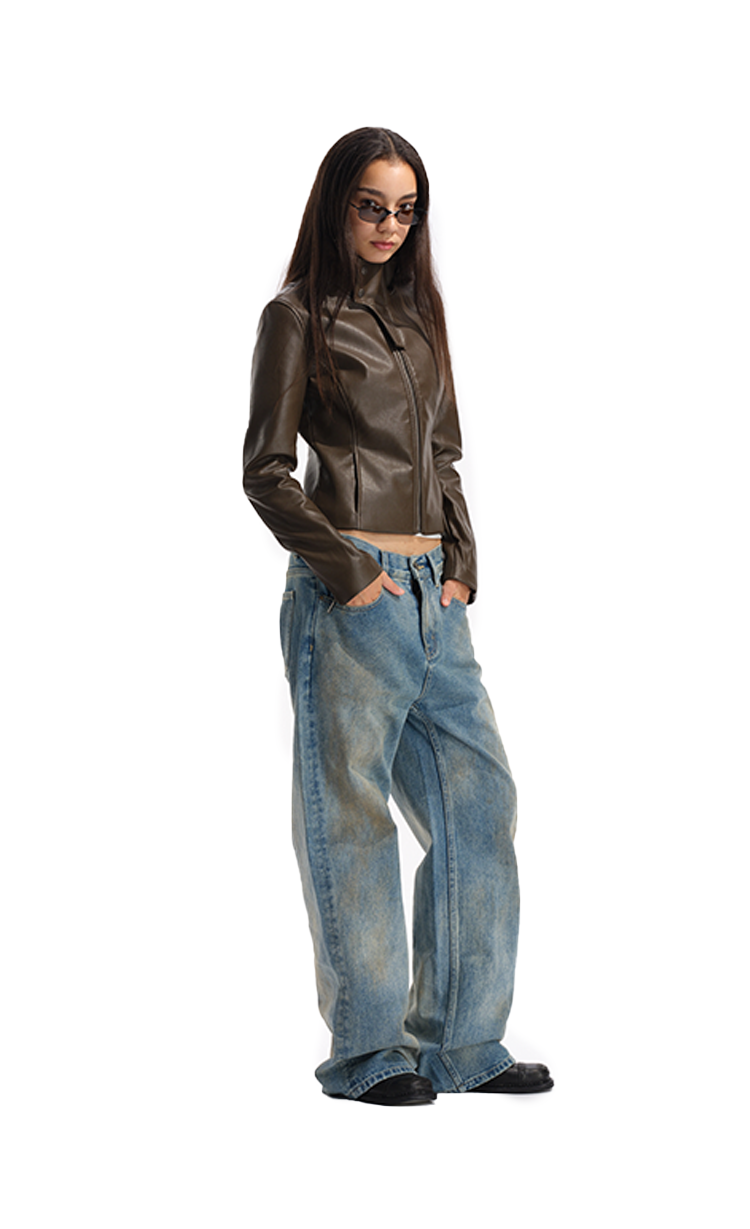 Two Little Guys Stand-up Collar Waist Leather Jacket