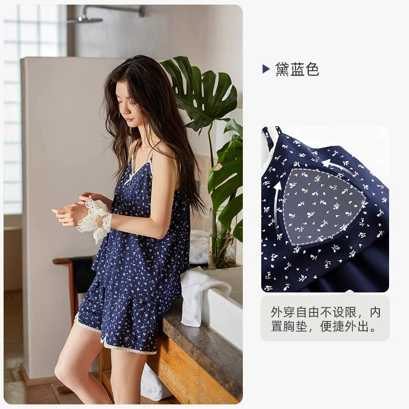 Yuenei with Chest Pad Small Floral Home Suspender Shorts Vest