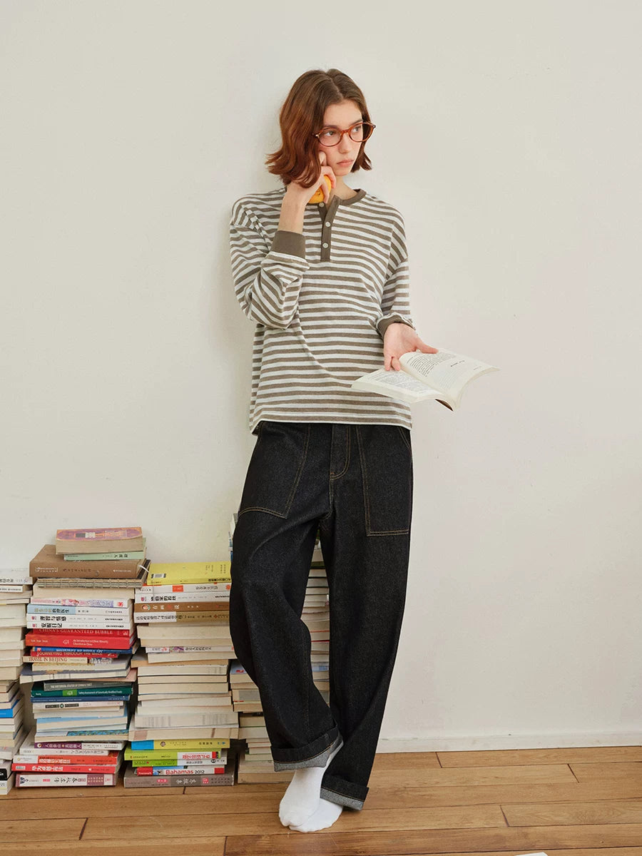 714Street Linen Blended Henry Neck  Striped Long SleeveT-Shirt