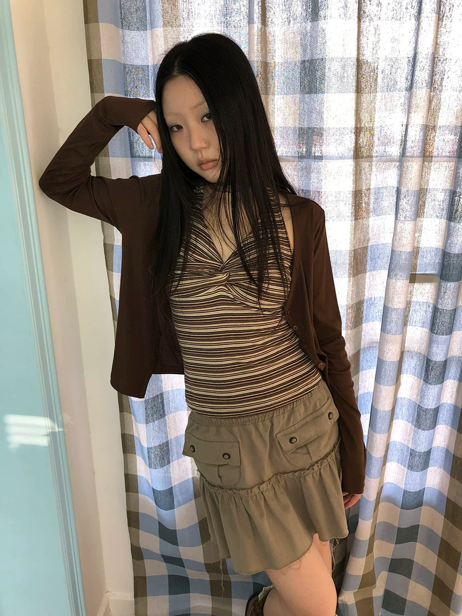 Ang: Project Striped Strap Neck Vest Long Sleeve Two-piece Set