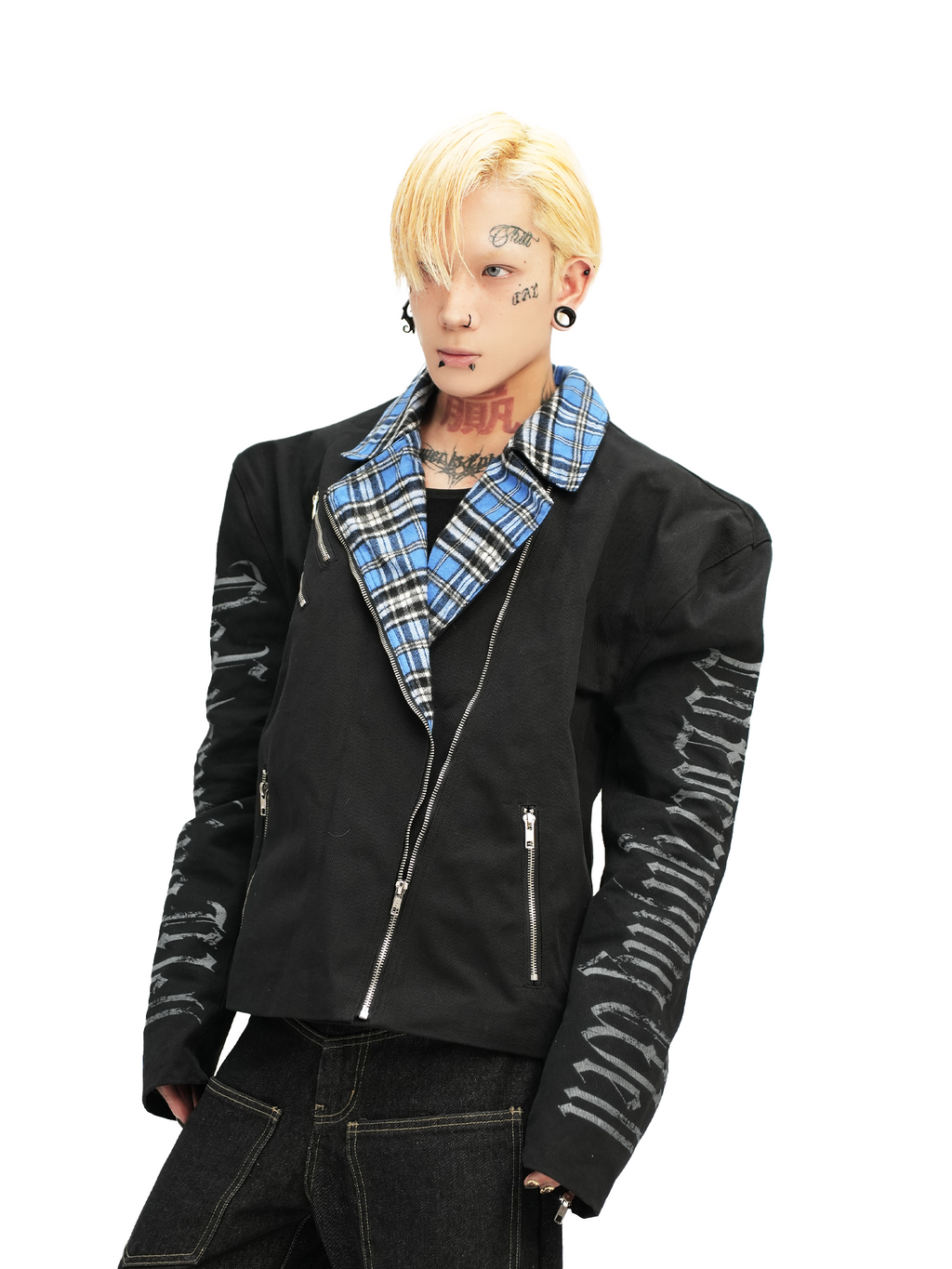 DETW 25ss * "greed" original heavy industry front shoulder diagonal placket zipper slim plaid splicing short wide jacket