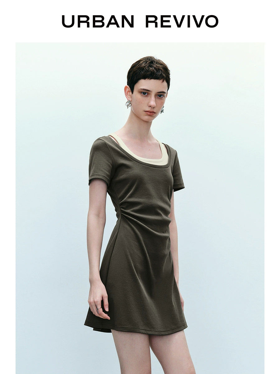 URBAN REVIVO Contrasting Splicing Fake Two-piece Pleated Short-sleeved Dress