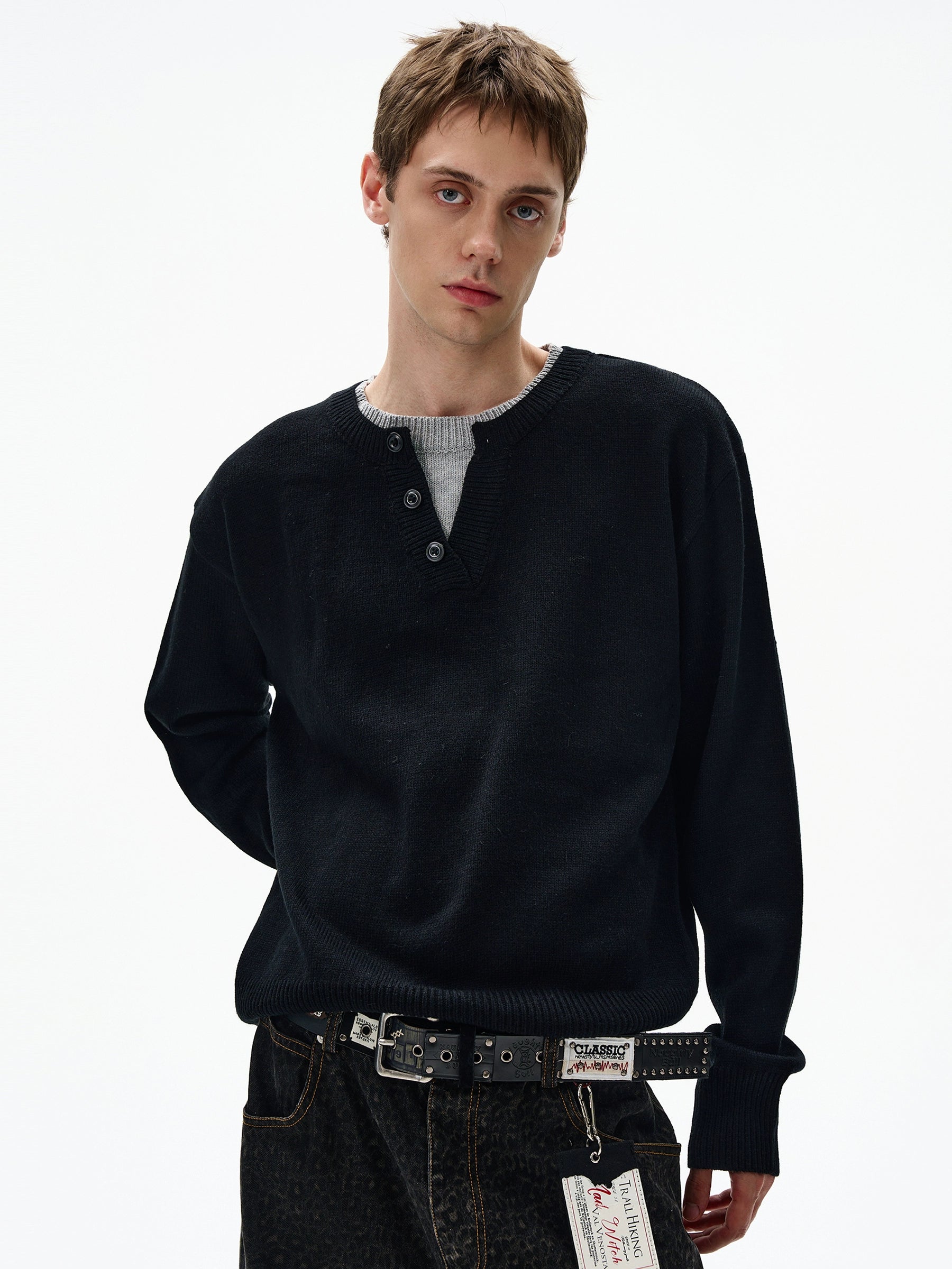 (Clearance) MADWITCH Retro Casual Contrasting Double-neck Knitted Sweater