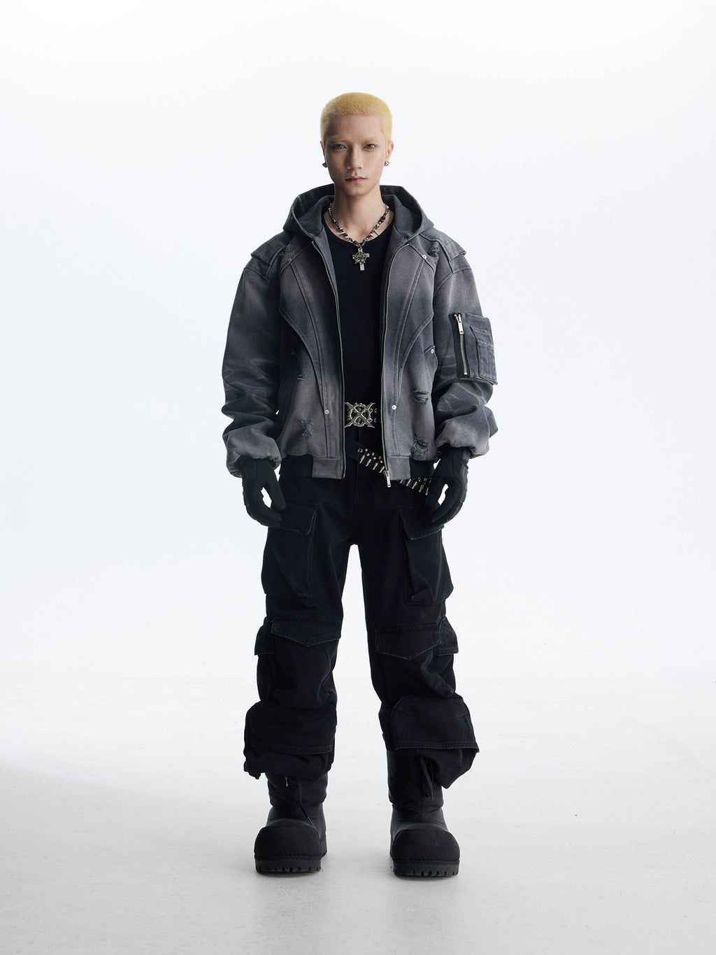 NOMANIAI frayed hooded loose zip jacket