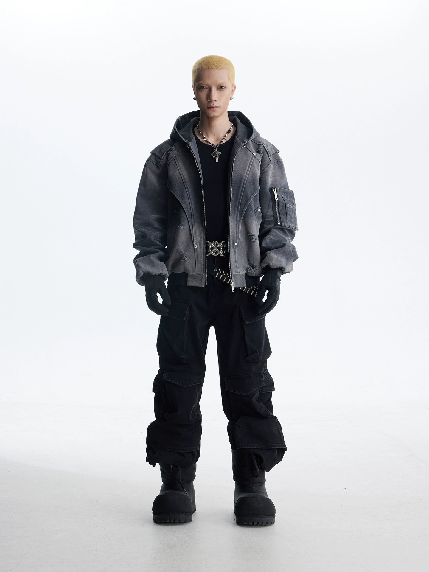 NOMANIAI frayed hooded loose zip jacket