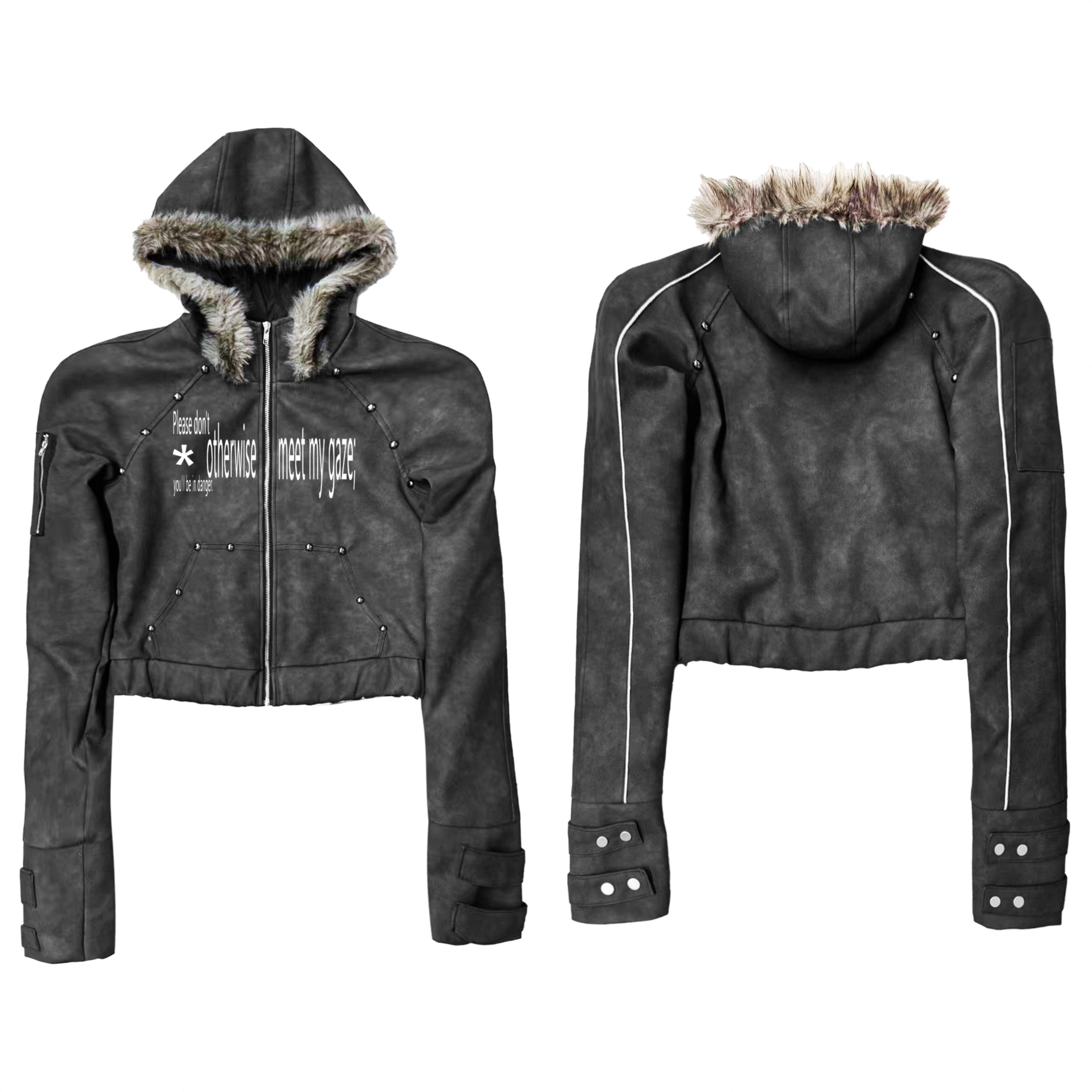 DETW Rivet Letter Print Fur Collar Jacket