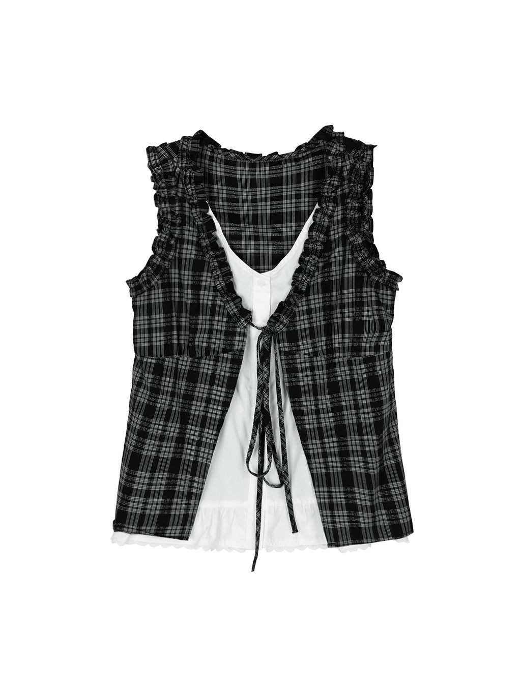 XUJING Fake Two-piece Lace-up Splicing Plaid Sleeveless Tee