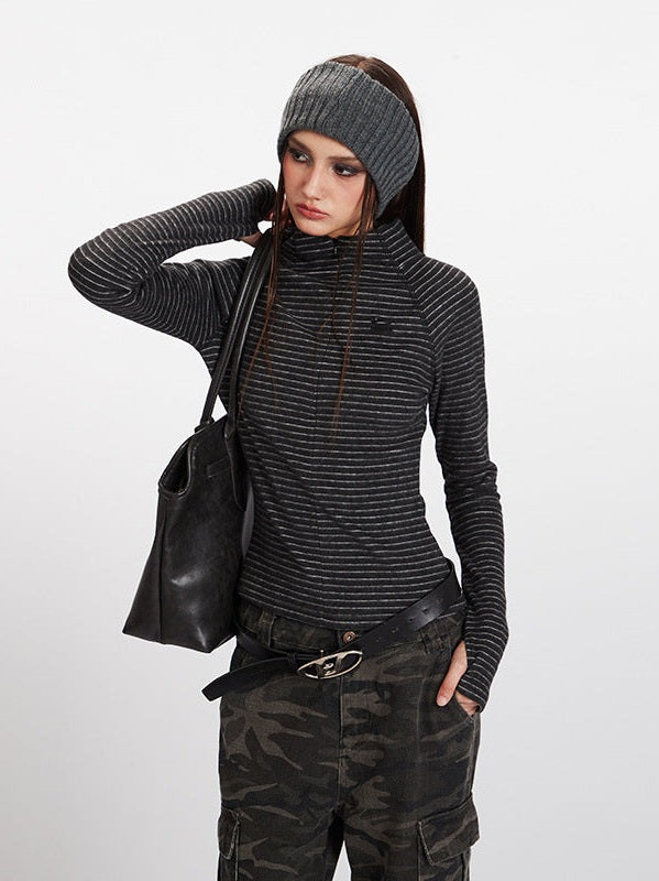 Nariele Stand Neck Slim Fit Striped Sports Long Sleeve