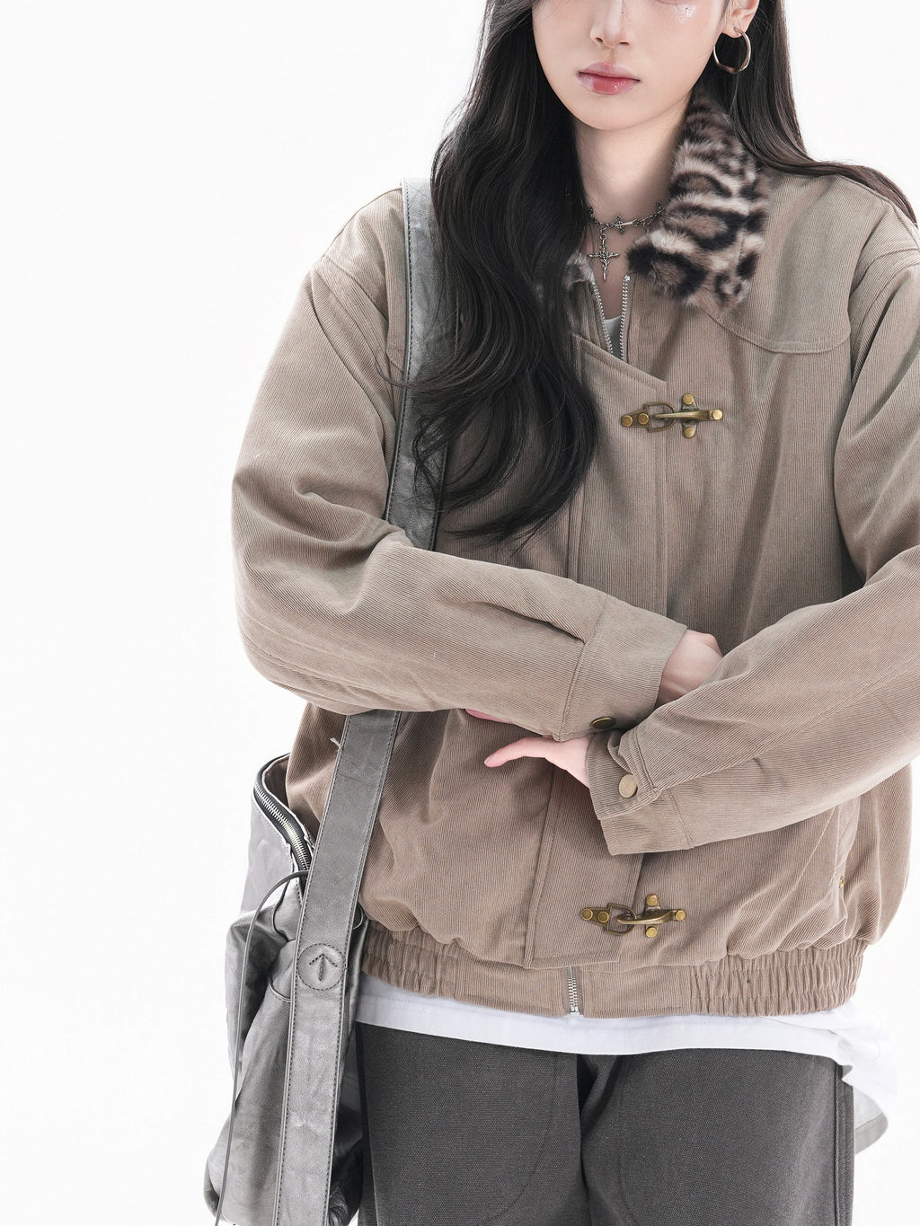 Zuocisankon Vintage Leopard Print Fur Collar Jacket