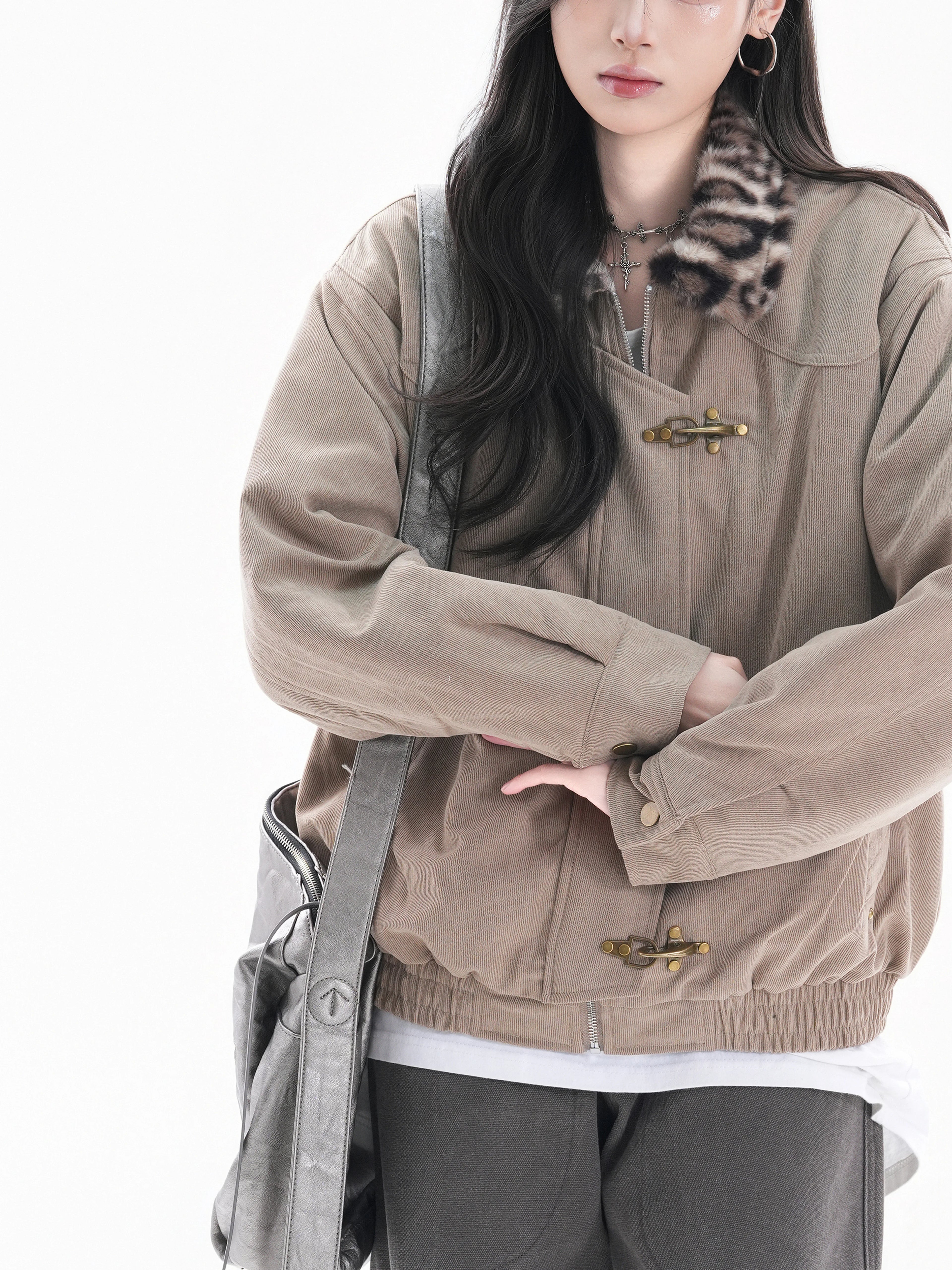 Zuocisankon Vintage Leopard Print Fur Collar Jacket