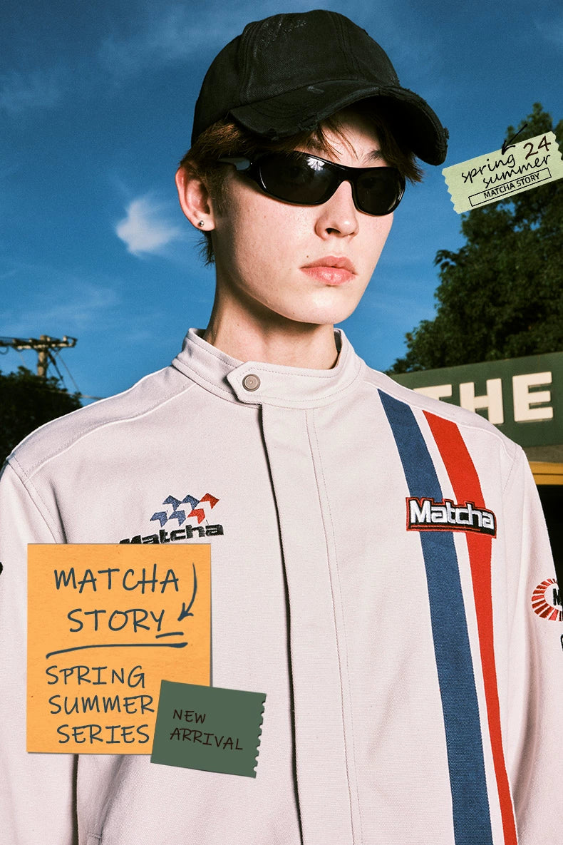 MATCHA STORY Motorcycle Racing Style Embroidered Stand-up Collar Jacket