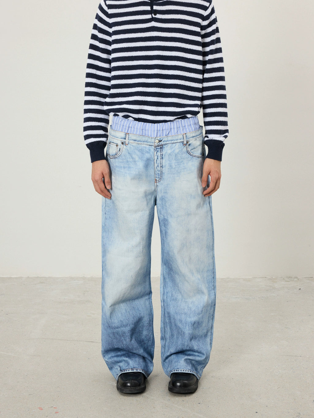 BTSG Retro 3D Printed Double Waist Striped Stitched Jeans