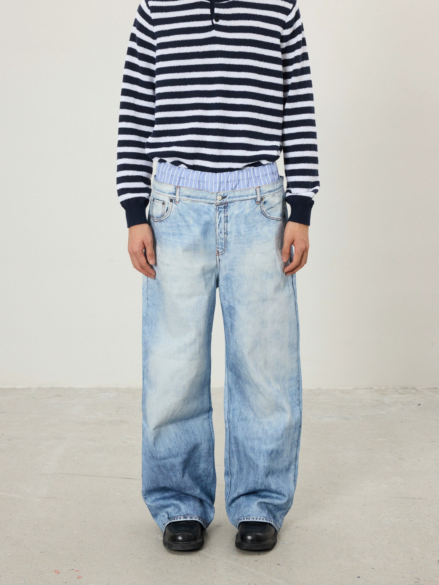 BTSG Retro 3D Printed Double Waist Striped Stitched Jeans