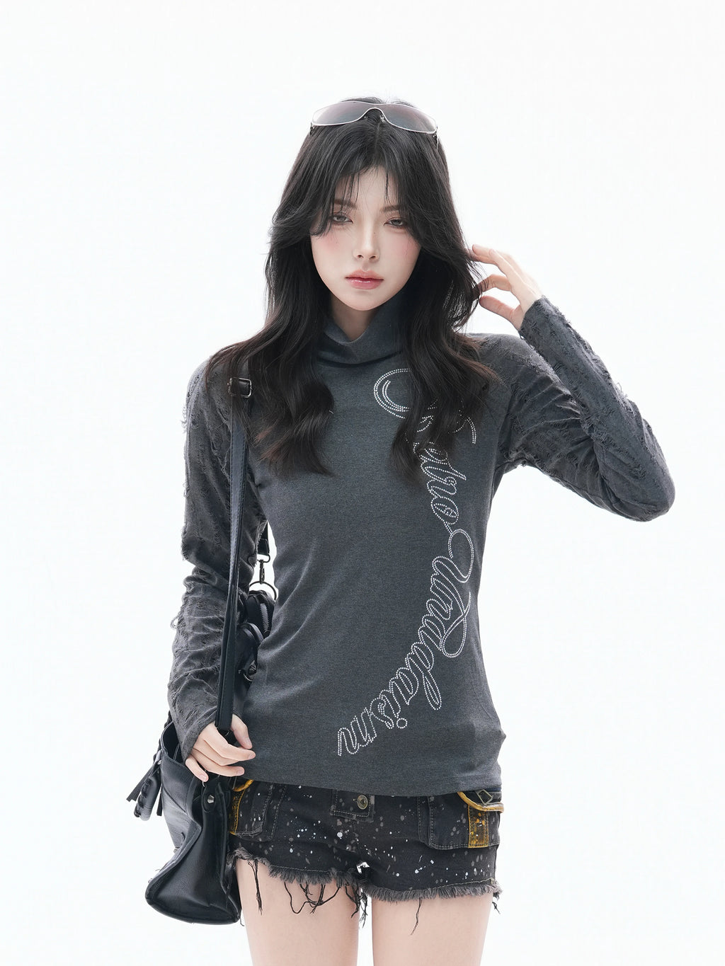 Zuocisankon High Neck Slim Fit Hot Diamond Long Sleeves