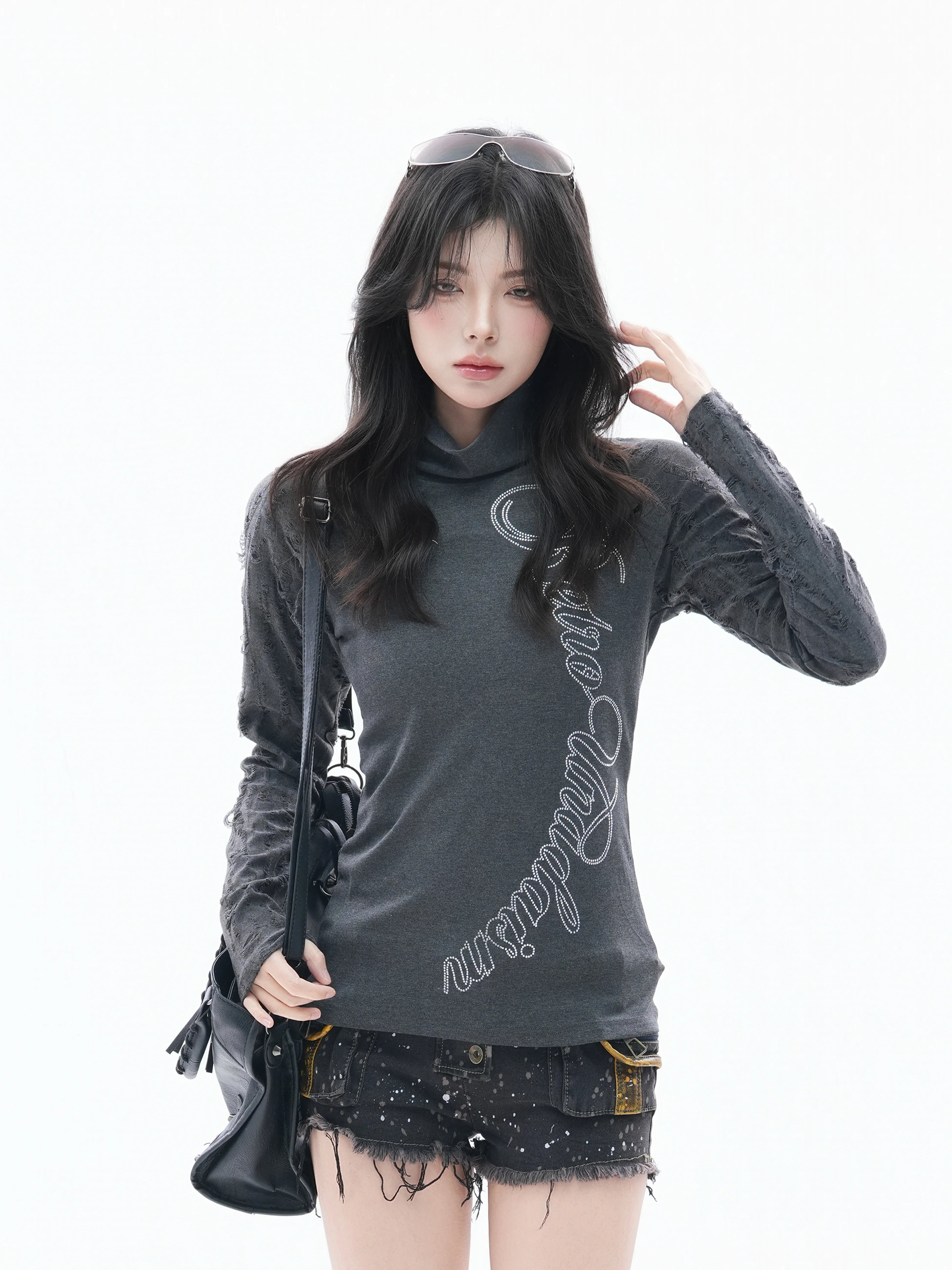 Zuocisankon High Neck Slim Fit Hot Diamond Long Sleeves