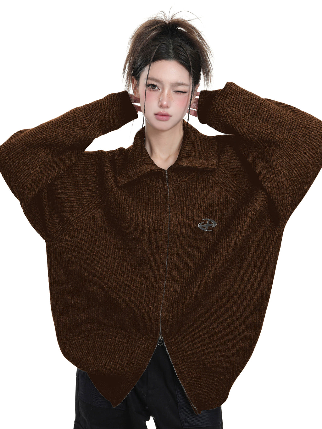 KDASE Double Zipper Stand-up Neck Sweater Jacket