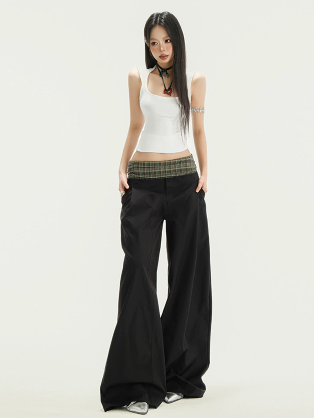 KPSR Splicing Checked Casual Loose Wide-leg Pants