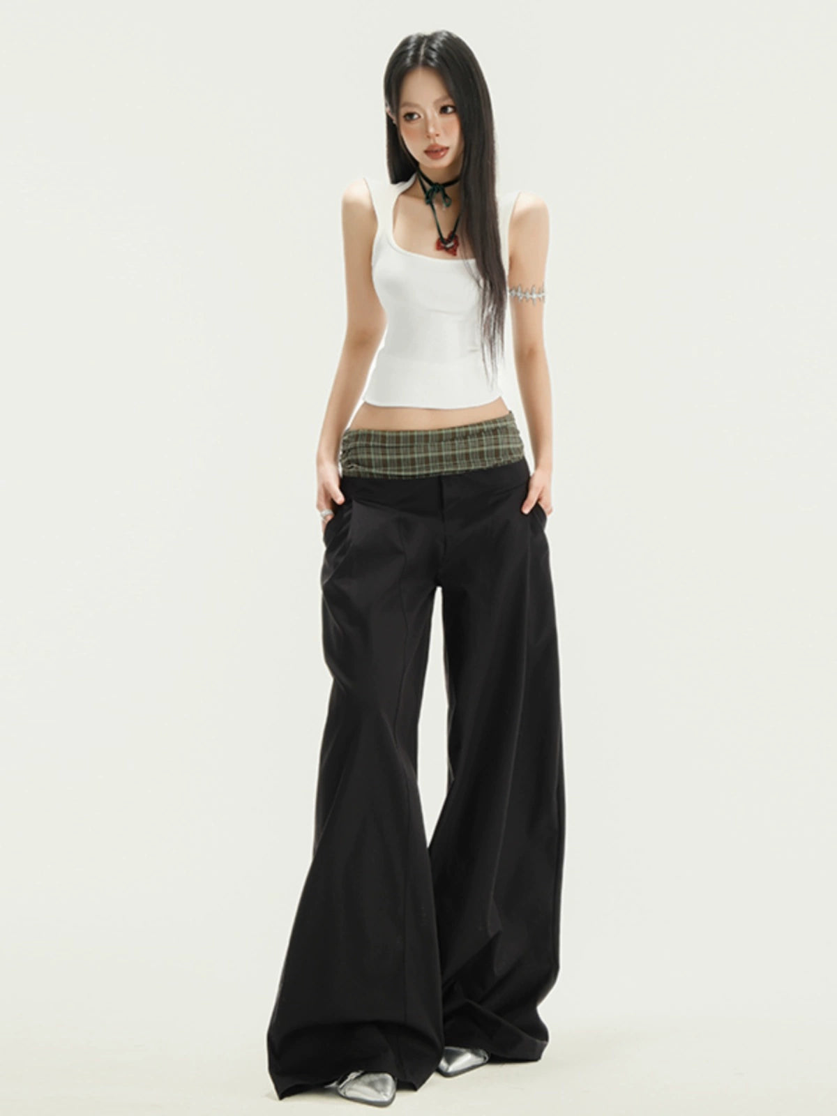 KPSR Splicing Checked Casual Loose Wide-leg Pants