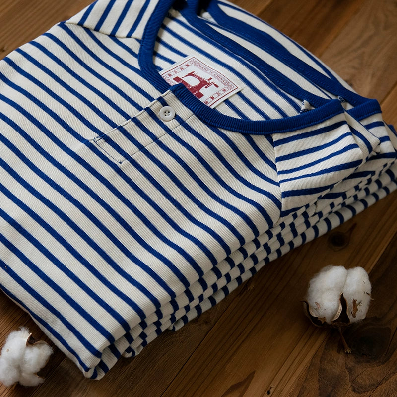 PrintAce Henry Collar Shoulder Vintage Blue and White Striped Tee