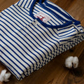 PrintAce Henry Collar Shoulder Vintage Blue and White Striped Tee