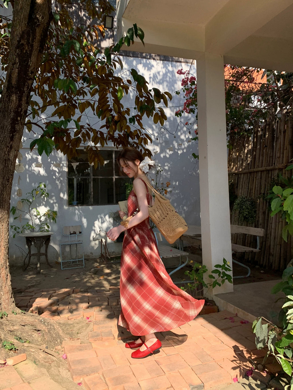 KANO Red Grid Suspender Belt Waist Dress