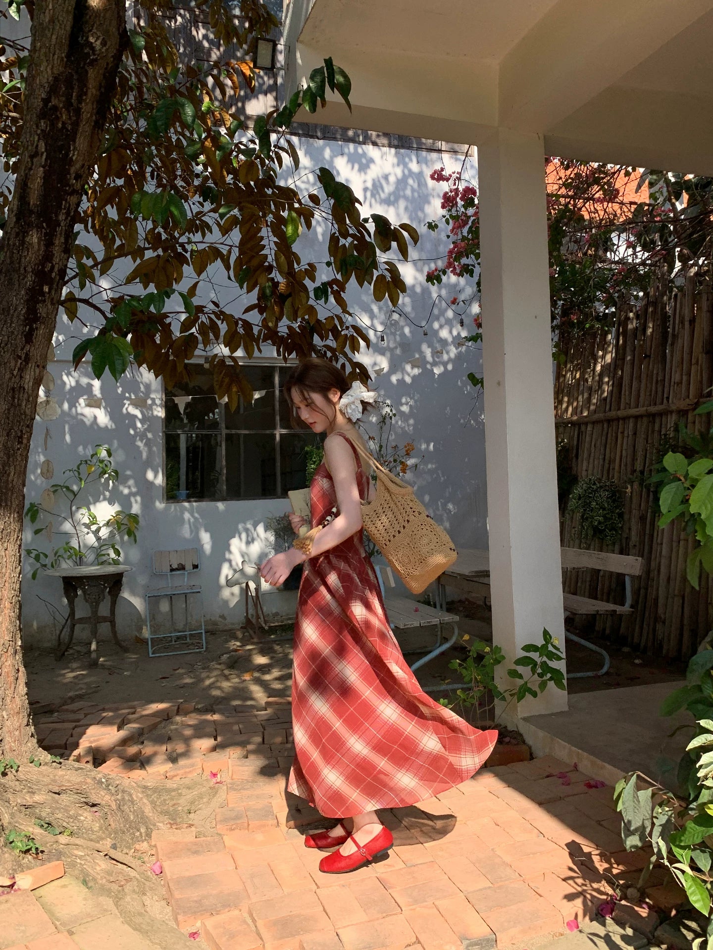 KANO Red Grid Suspender Belt Waist Dress