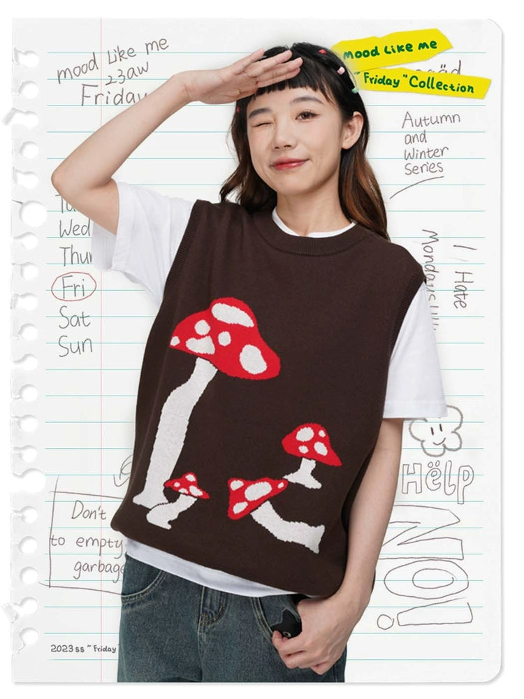 MoodLikeMe Mushroom Jacquard Fun Knitted Pullover Vest