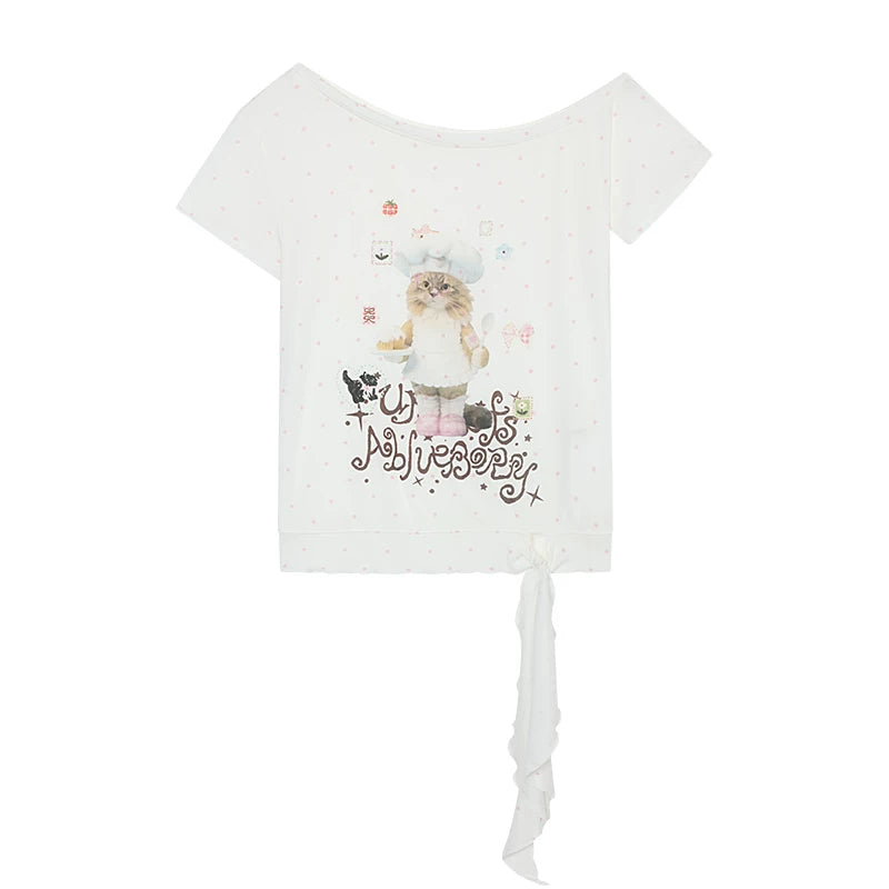 Ablueberry Cat Polka Dot Slanted Shoulder Tee
