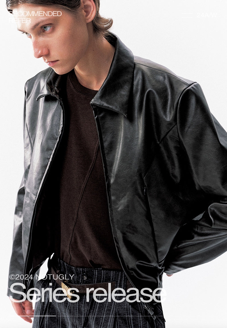 NOT UGLY Neatly Cut Side Zipper Front Shoulder Leather Jacket