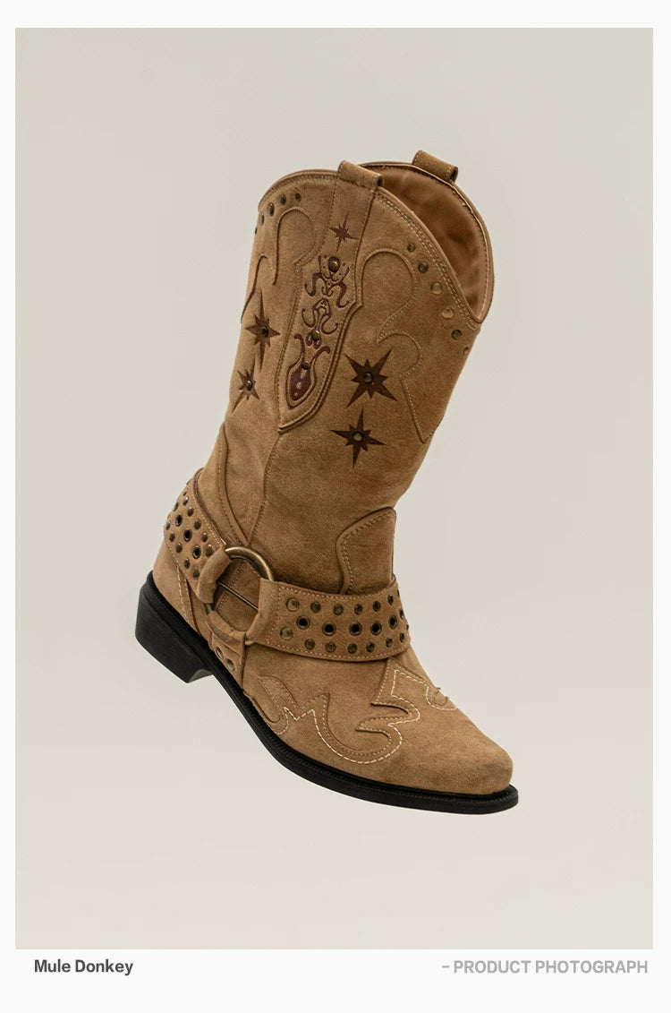 Donkey Vintage V-Mouth Pointed Embroidered Medium Boots