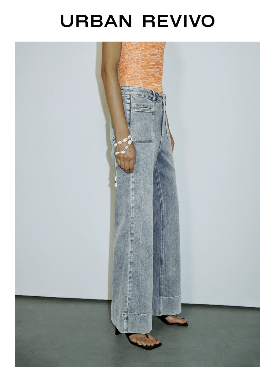 URBAN REVIVO Wave Hipster Retro Washed Bag Slightly Pulled Jeans