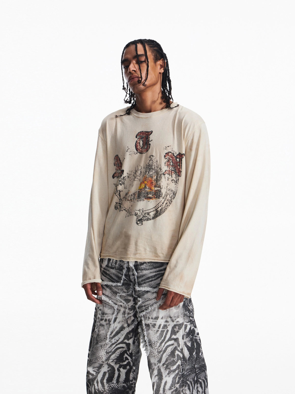 PEOPLESENSE Vintage Old Printed Loose Crew Neck Long Sleeves