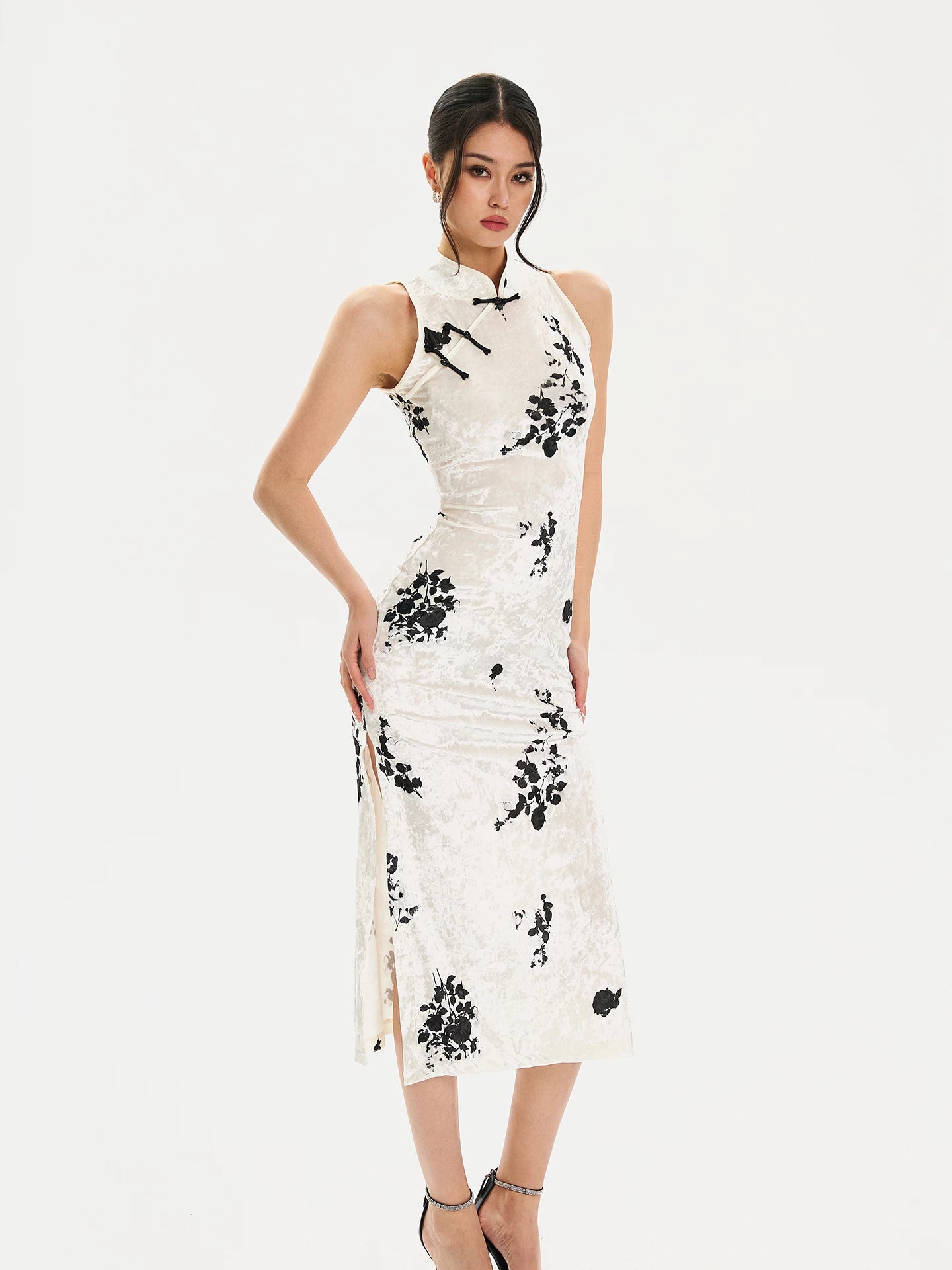 FINDYAWINGS Waist Ink Printing Long Cheongsam Dress