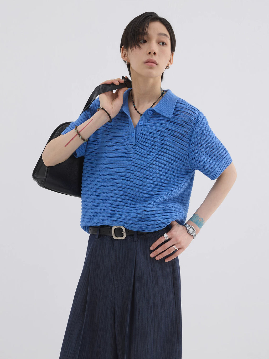 Sameuoo Shoulder Knit Hollow Polo Shirt